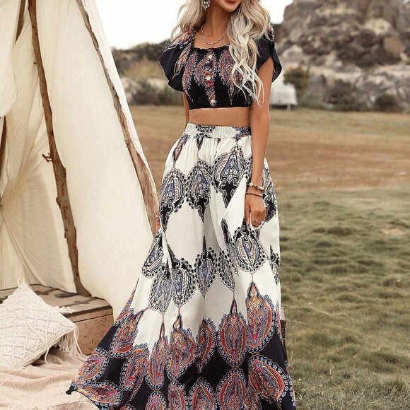 Multicolor Boho Womens Geo Print Shirred Detail Crop Top & Skirt - Picture 3 of 5